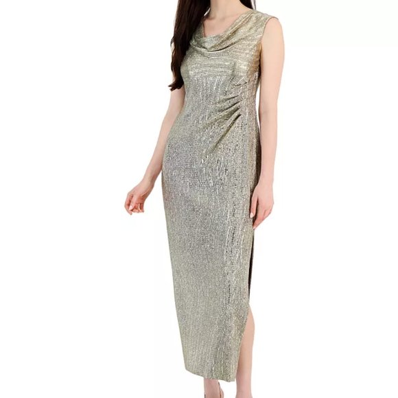 connected apparel Dresses & Skirts - NWT Connected Apparel Womens Mushroom Gold Cowlneck Metallic Dress SIZE 12